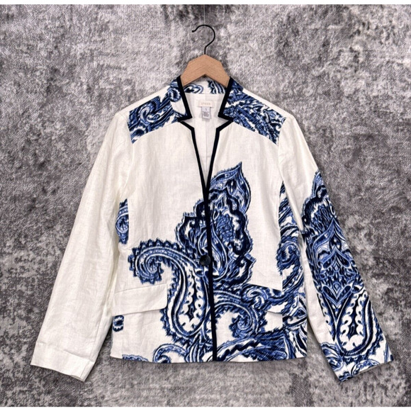 Chico's Jackets & Blazers - Chicos Jacket 1 / Medium Womens Linen White & Blue Paisley Spring Summer